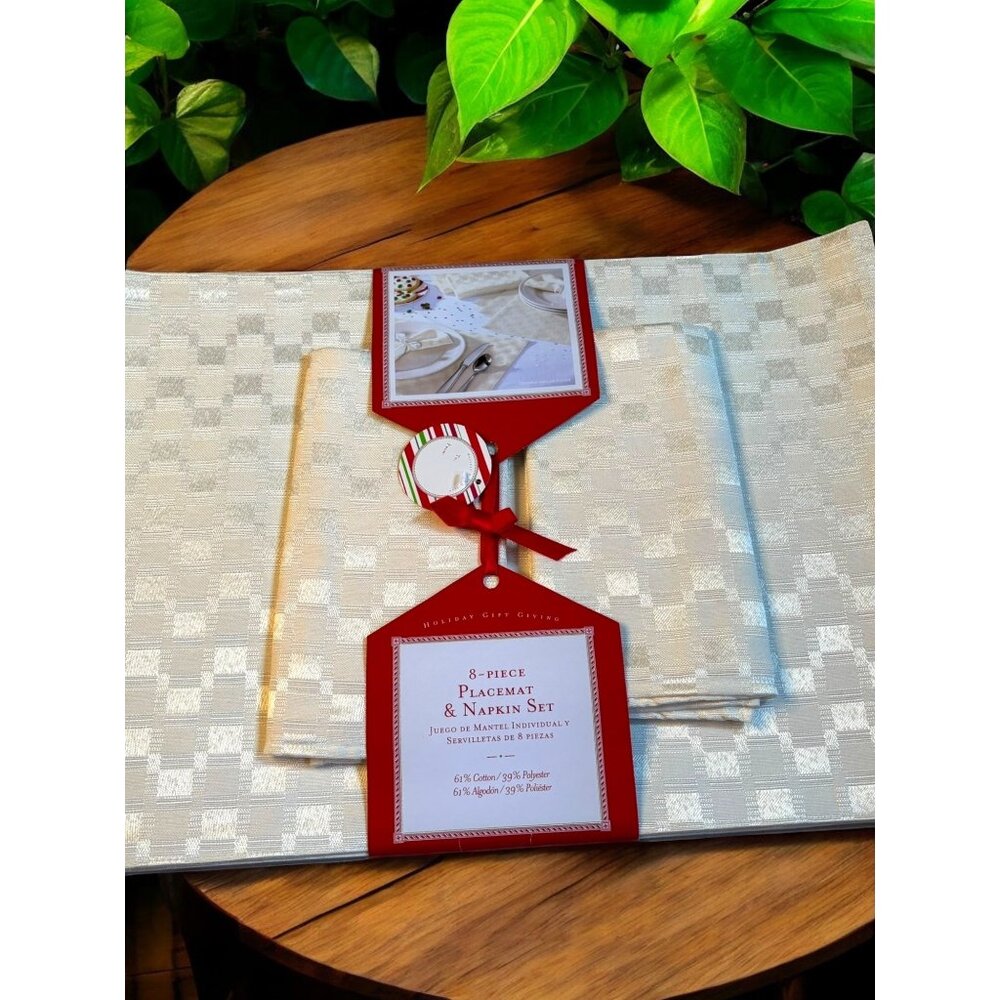 Ivory Decorative Checked Tone on Tone Placemat and Napkin Set 8 PC New